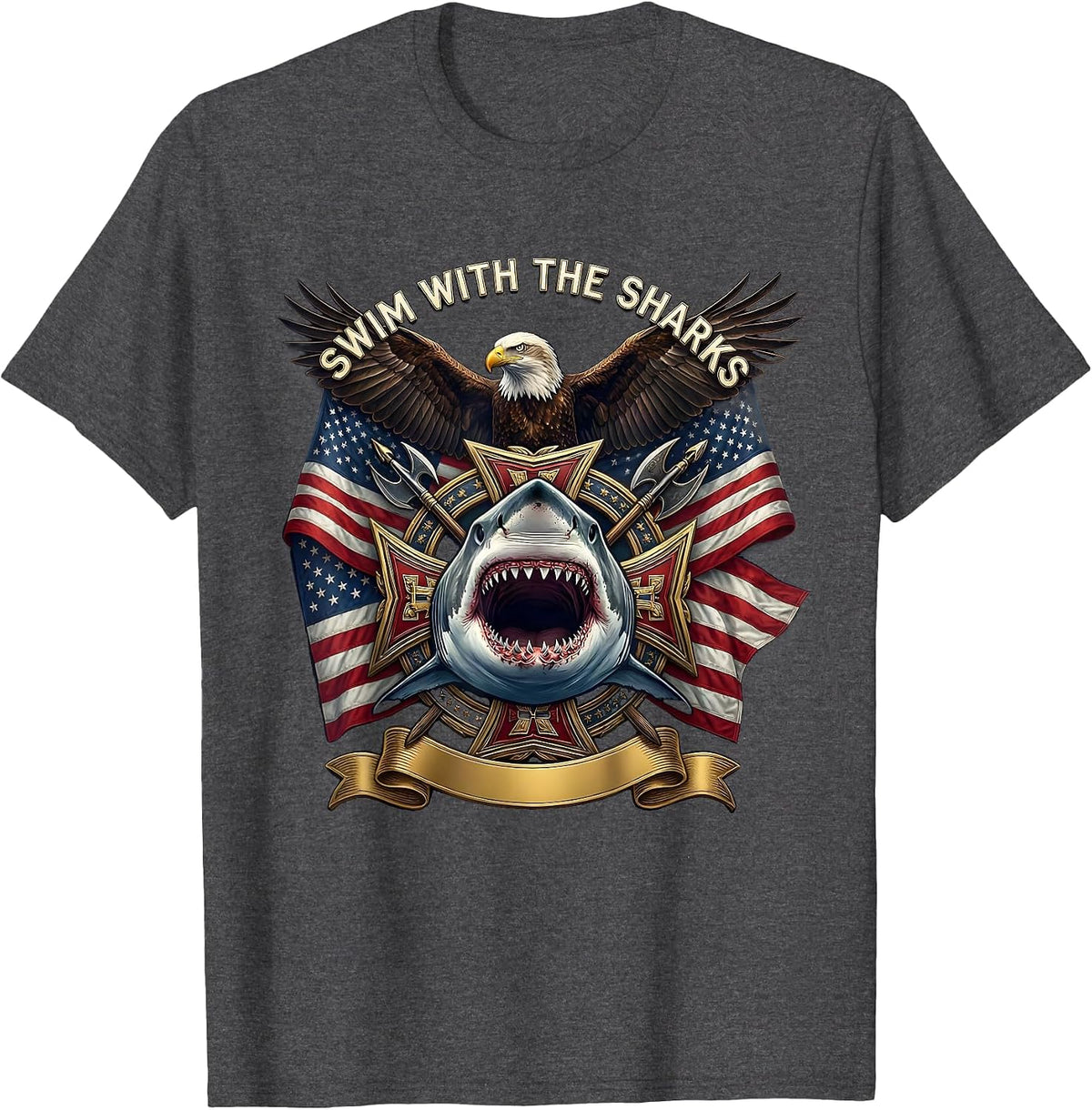 Swim With The Sharks Animal Kingdom Design T-Shirt - Dark Heather Grey