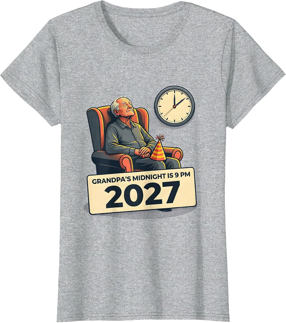 Women's Grandpa's Midnight Is 9 PM 2027 Funny New Year Family Party T-Shirt - Heather Grey