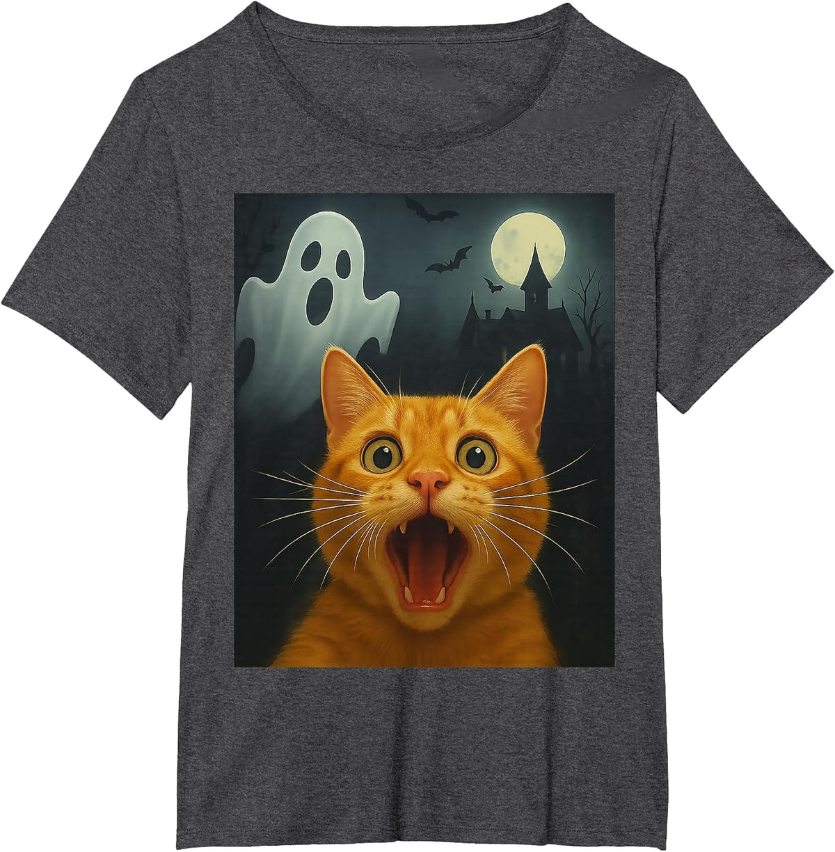 Cat Selfie with Ghost, Funny Cat Lovers Design T-Shirt - Dark Heather Grey