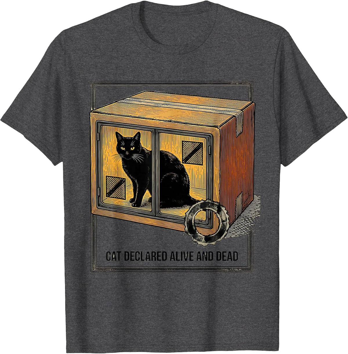 Men's Cat Declared Alive And Dead Quantum Physics Humor T-Shirt - Dark Heather Grey