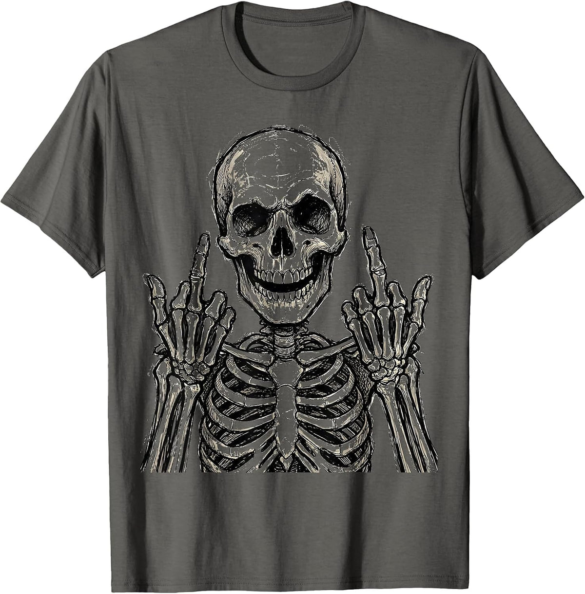 Men's Skeleton Double Middle Fingers Graphic T-Shirt - Asphalt Grey