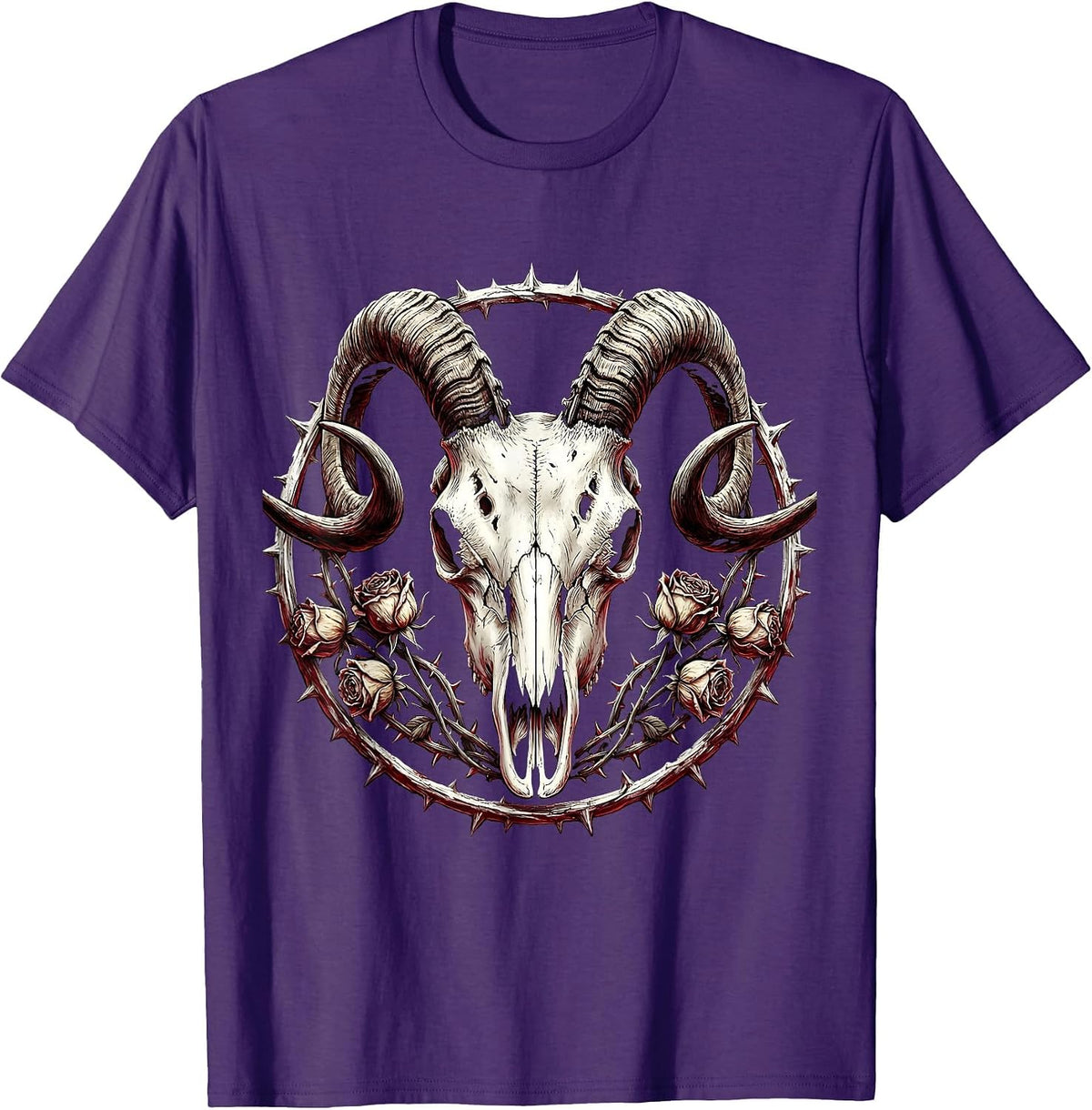 Goat Skull Dead Roses Death Metal Graphic T-Shirt - Purple