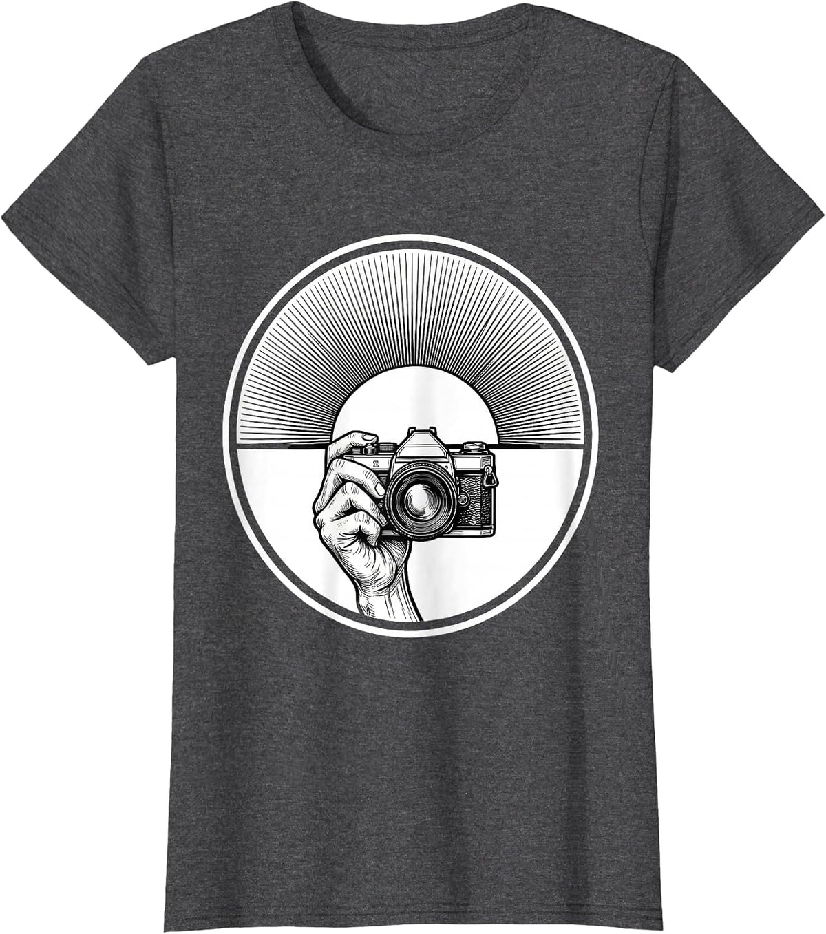 Women's Hand Reaching Camera Toward Sunset Photography Art T-Shirt - Dark Heather Grey