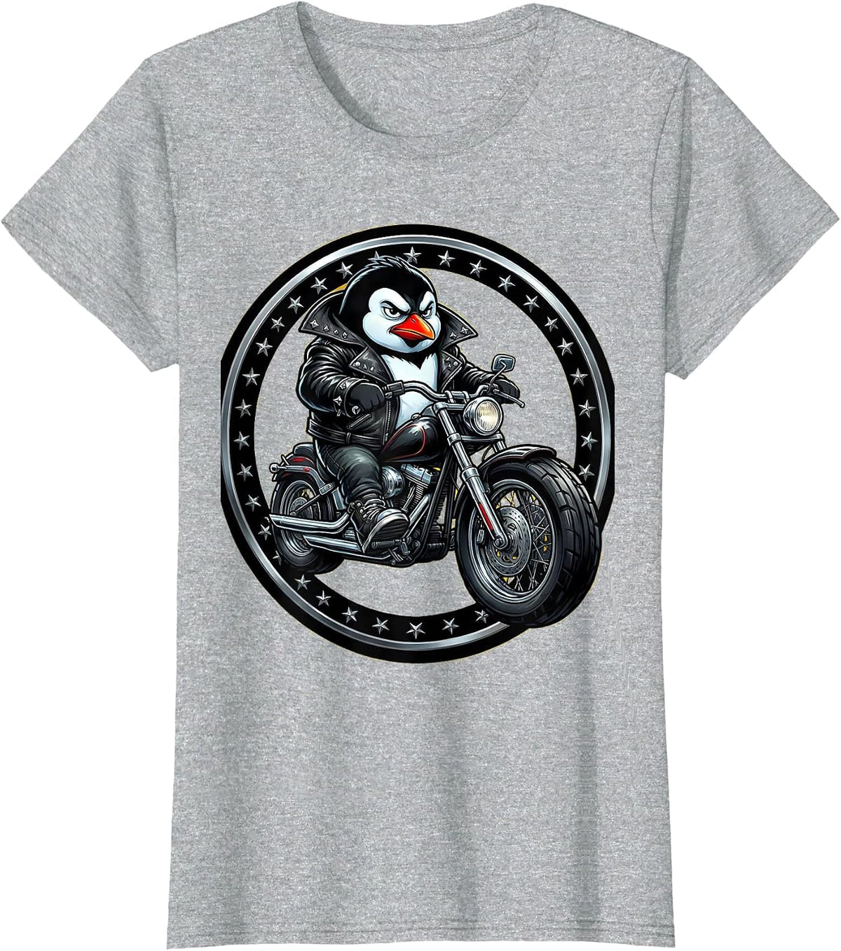 Penguin Biker Leather Jacket Motorcycle Graphic T-Shirt - Heather Grey