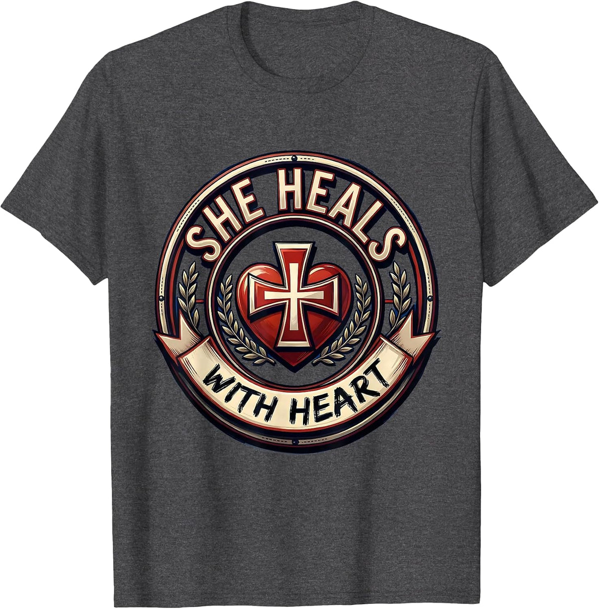 Men's She Heals With Heart Nurse Graphic Design T-Shirt - Dark Heather Grey