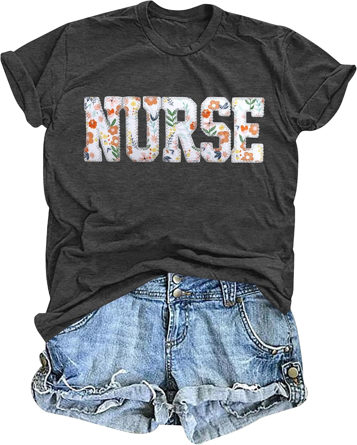 Nurse Shirts for Women: Embroidered Nurse T-Shirt Gift for Nurse Short Sleeve Tee Tops - Grey