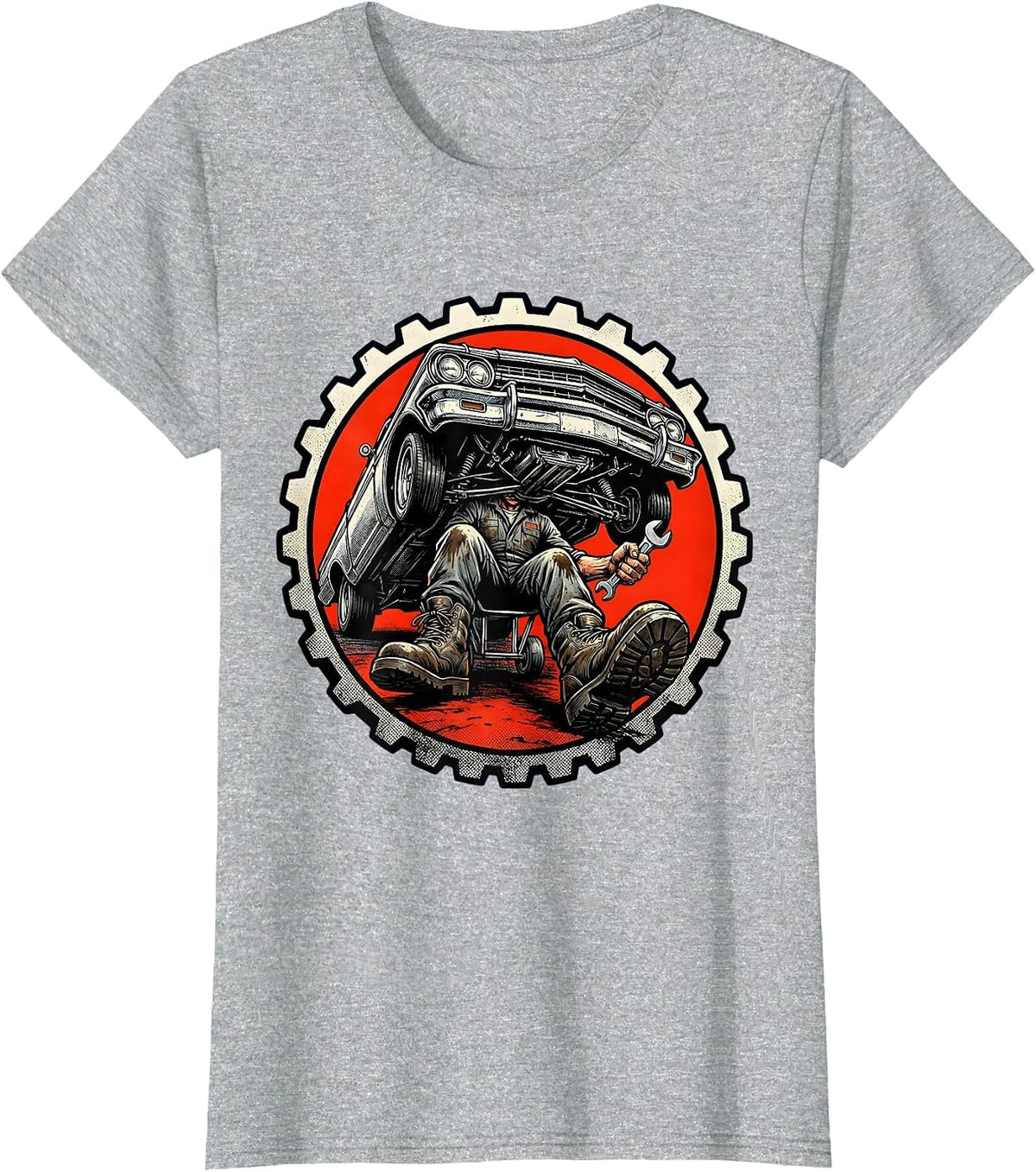 Mechanic Rolling Under Lowrider Graphic T-Shirt - Heather Grey