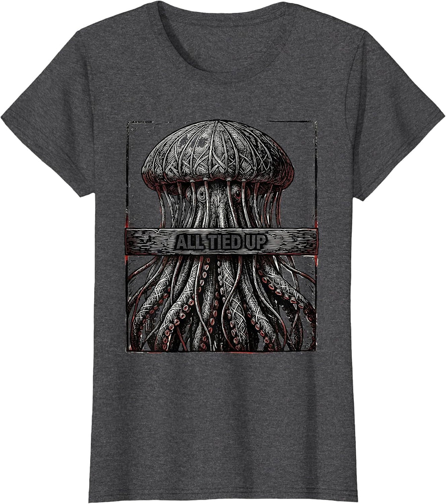 Women's All Tied Up Woodcut Engraving Shark Lover Ocean Wildlife T-Shirt - Dark Heather Grey