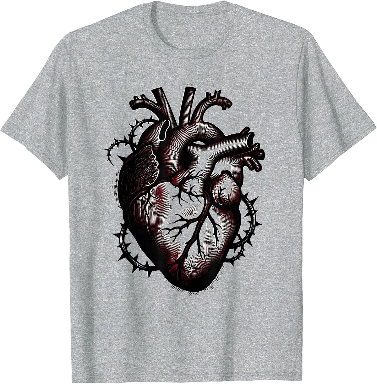 Men's Anatomical Heart Thorny Vines Emo Gothic Design T-Shirt - Heather Grey