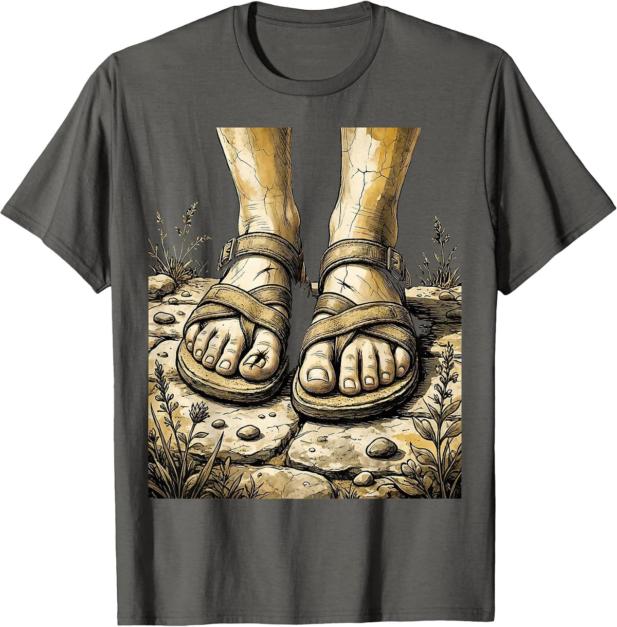 Jesus Nail Scarred Feet on Stone Christian Graphic T-Shirt - Asphalt Grey