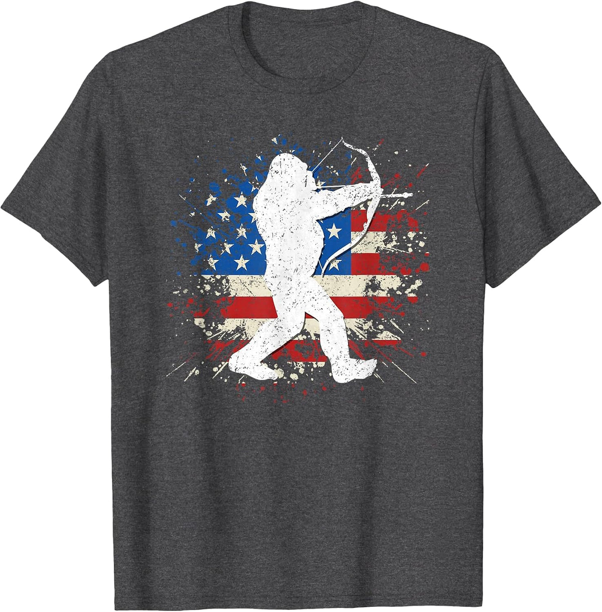 Bigfoot Bow Hunting Archery American Flag Sasquatch Hunter T-Shirt - Dark Heather Grey