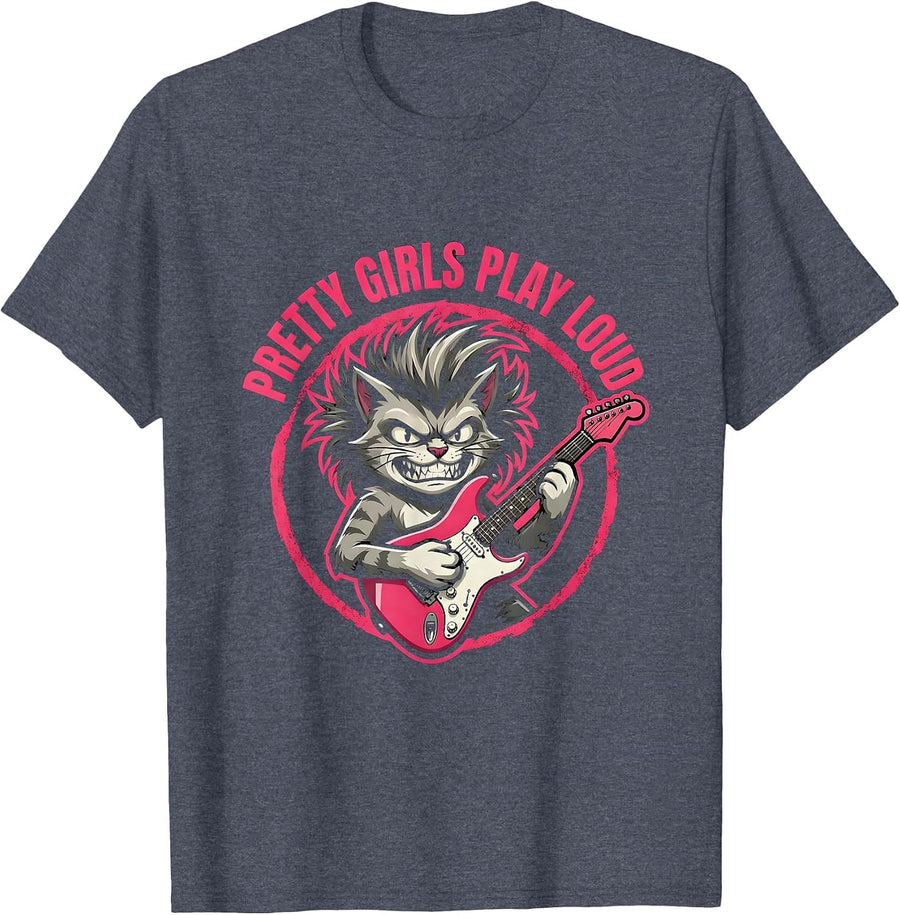 Pretty Girls Play Loud Grunge Music Design T-Shirt - Heather Blue