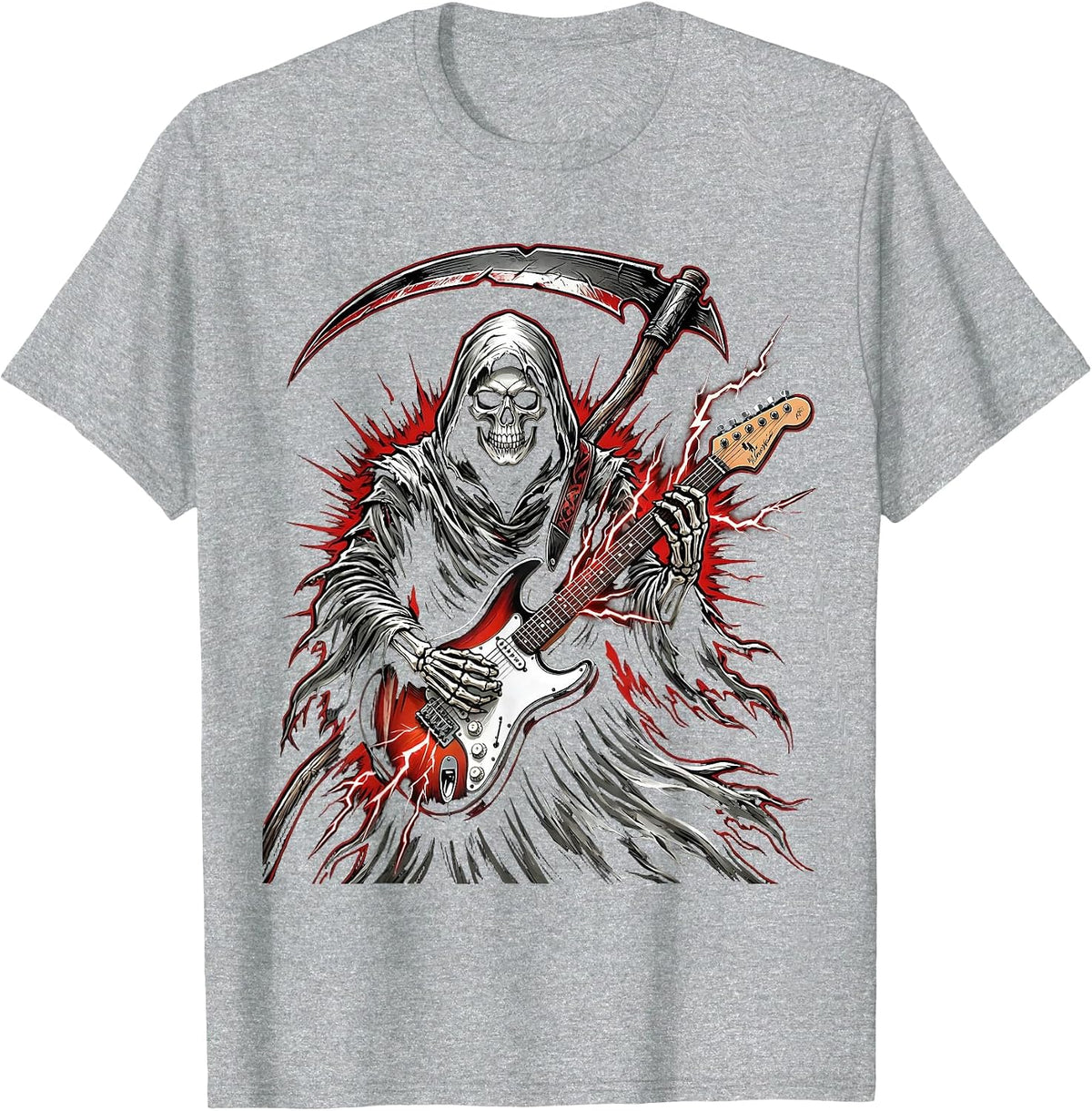Men's Grim Reaper Electric Guitar Rock Halloween Design T-Shirt - Heather Grey