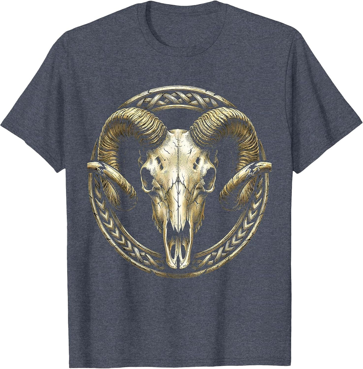 Ram Skull Broken Horns Metal Graphic Design T-Shirt - Heather Blue
