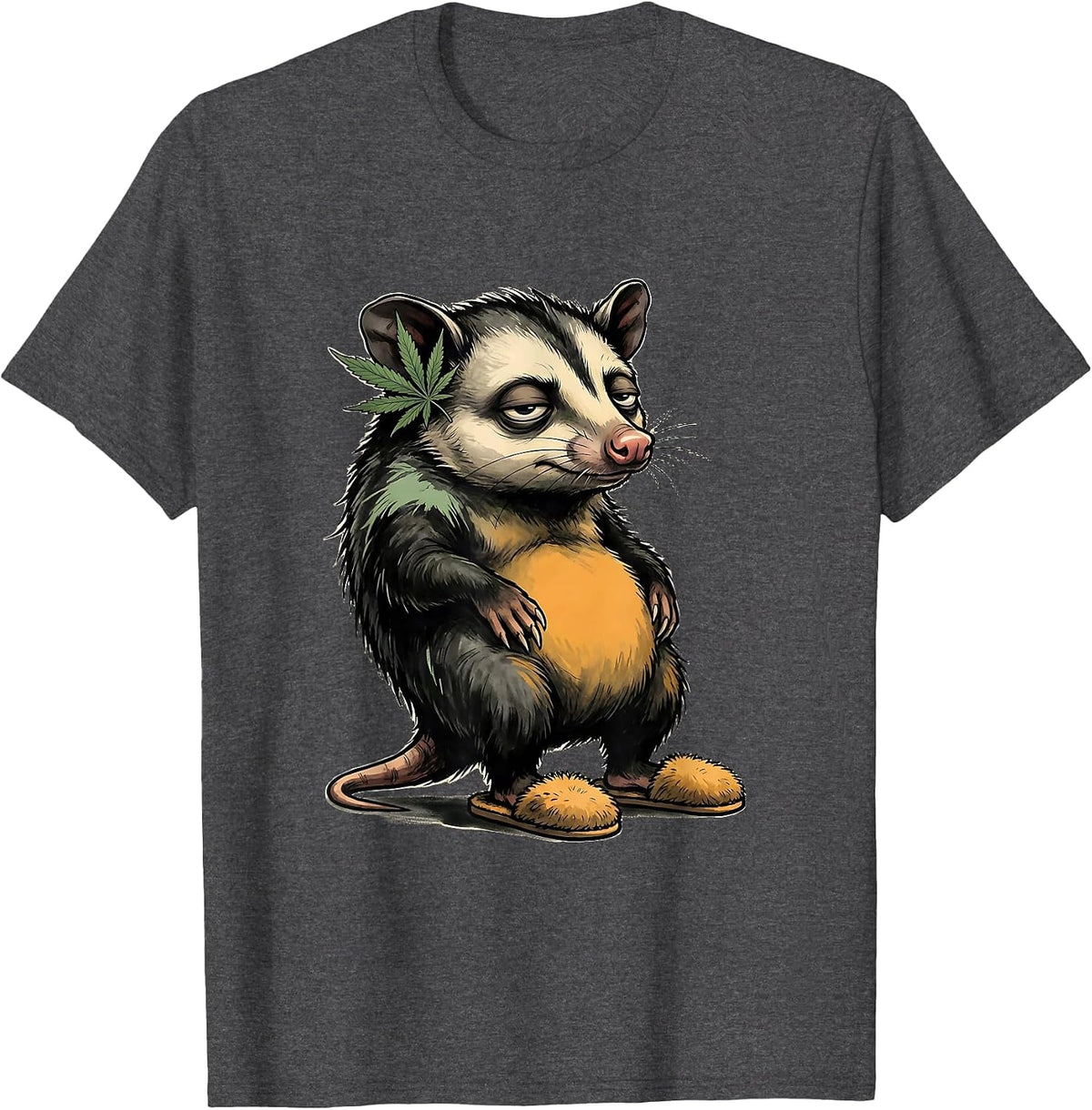 Deadpan Opossum Cannabis Leaf Stoner Humor Mascot T-Shirt - Dark Heather Grey