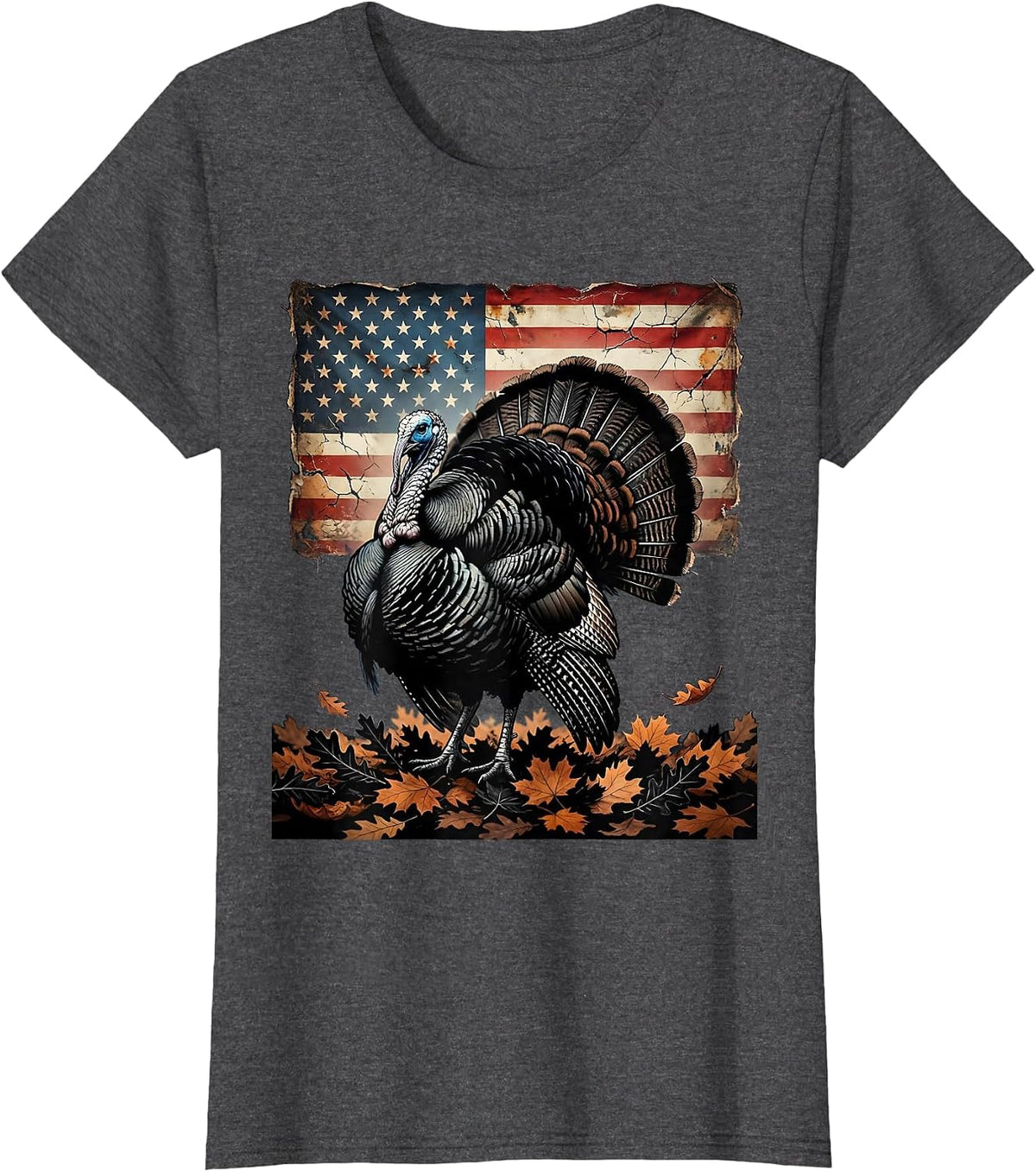 Women's Camo Turkey Strut Autumn Leaves Hunting Design T-Shirt - Dark Heather Grey