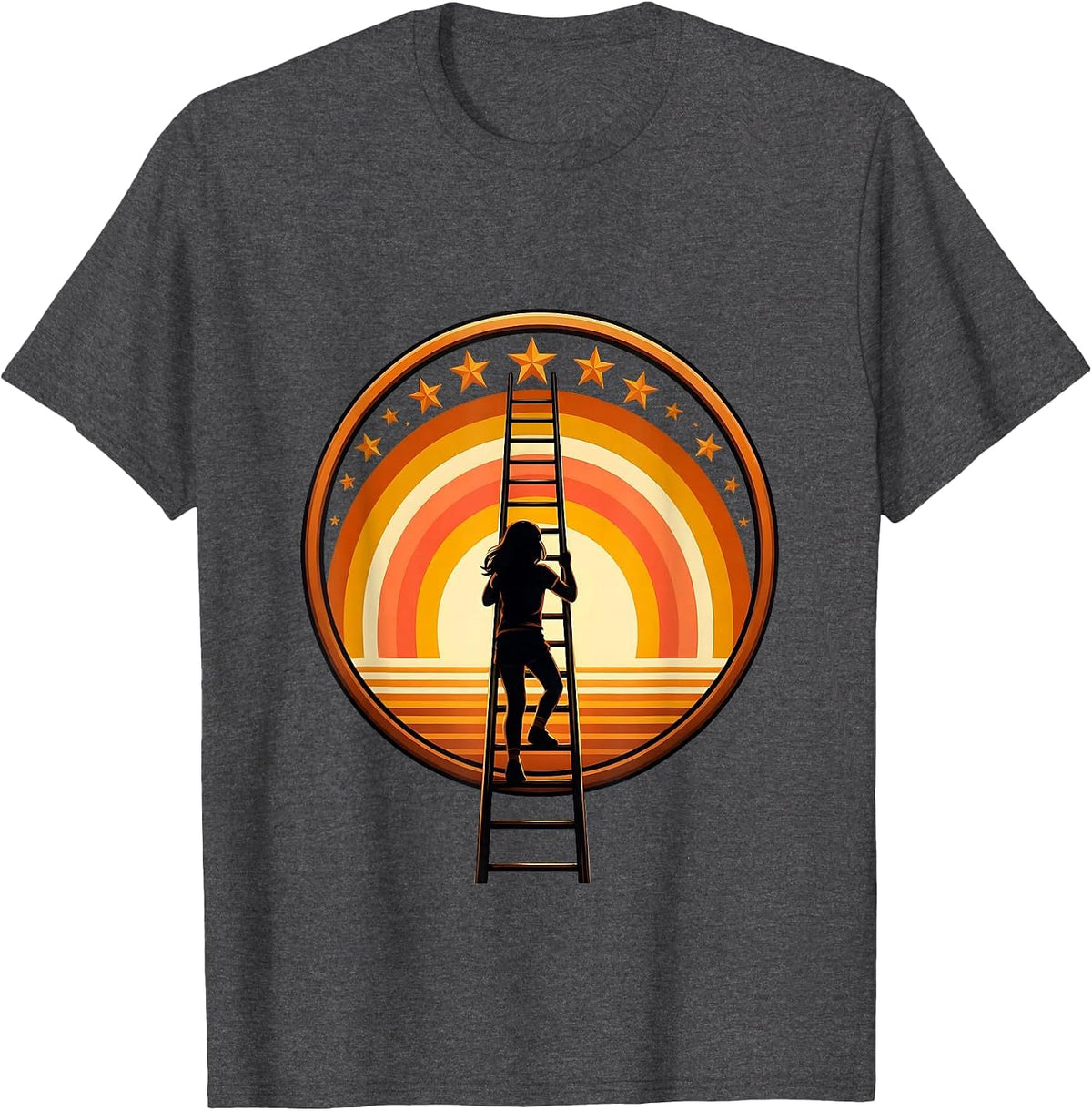 Girl Climbing Ladder Into Starry Sky Illustration T-Shirt - Dark Heather Grey
