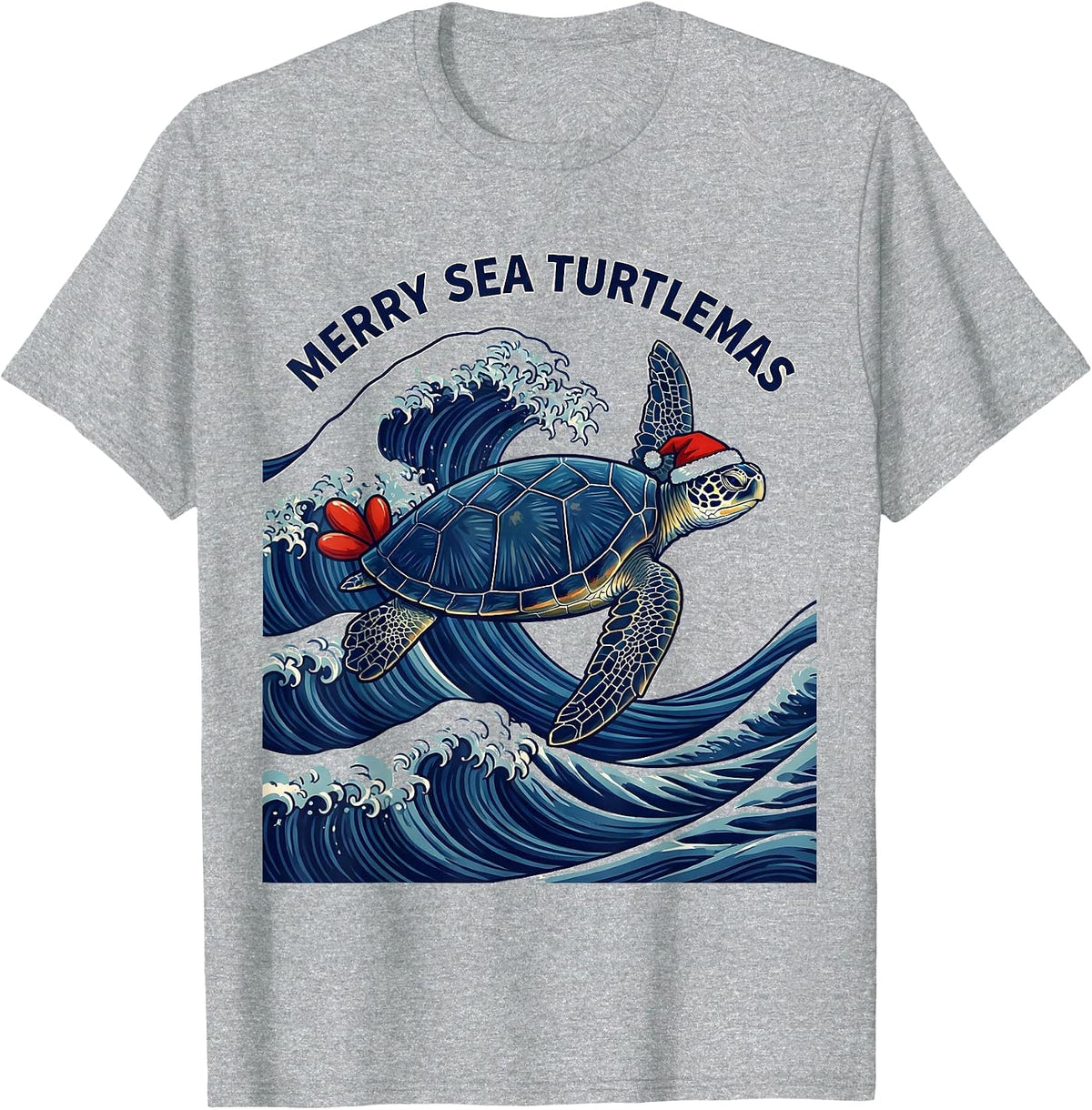 Men's Merry Sea Turtlemas Ukiyo-e Santa Hat Sea Turtle Lover T-Shirt - Heather Grey
