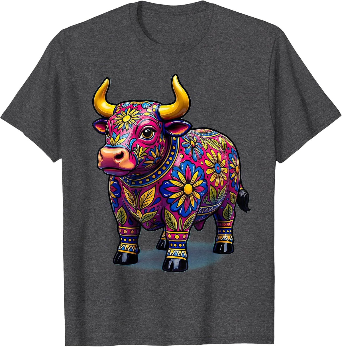 Mexican Talavera Bull Painted Floral Art Design T-Shirt - Dark Heather Grey