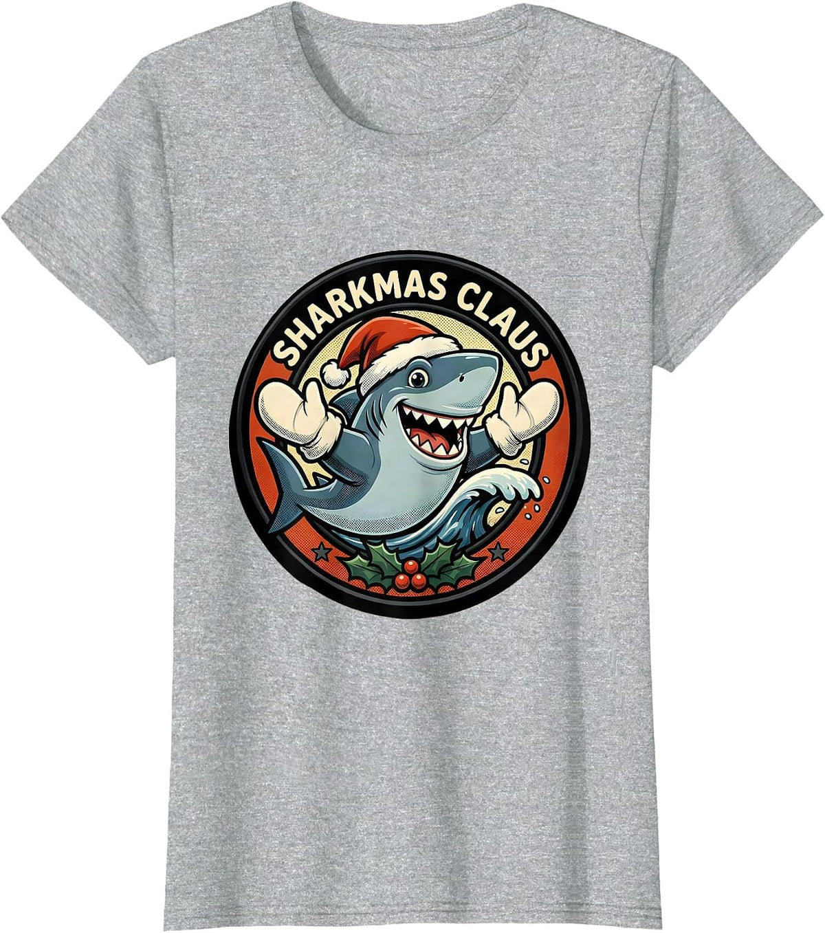 Women's Sharkmas Claus Retro Cartoon Shark Lover Christmas Humor T-Shirt - Heather Grey