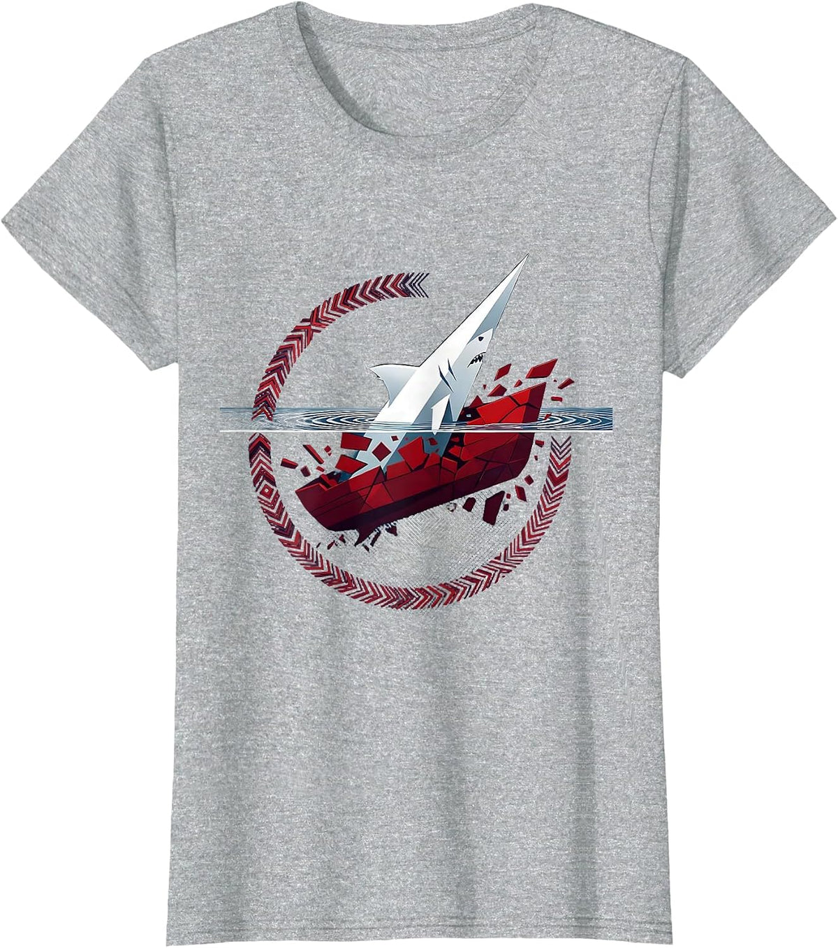 Shark Circling Sinking Ship Graphic Design T-Shirt - Heather Grey