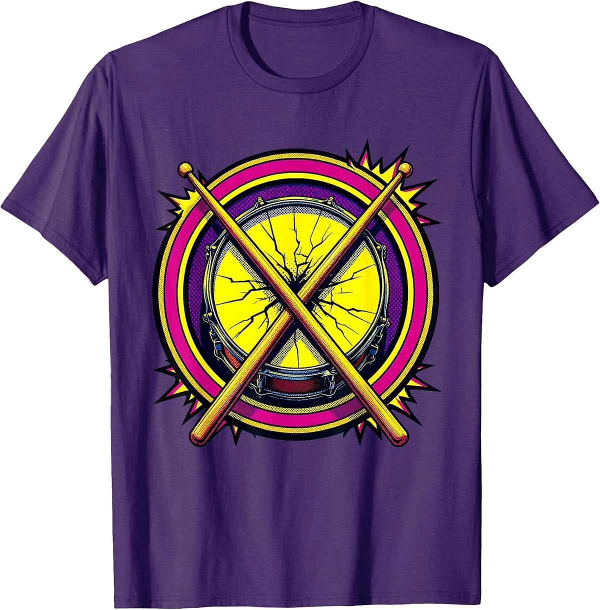 80s Rock Crossed Drumsticks Cracked Snare Drum T-Shirt - Purple