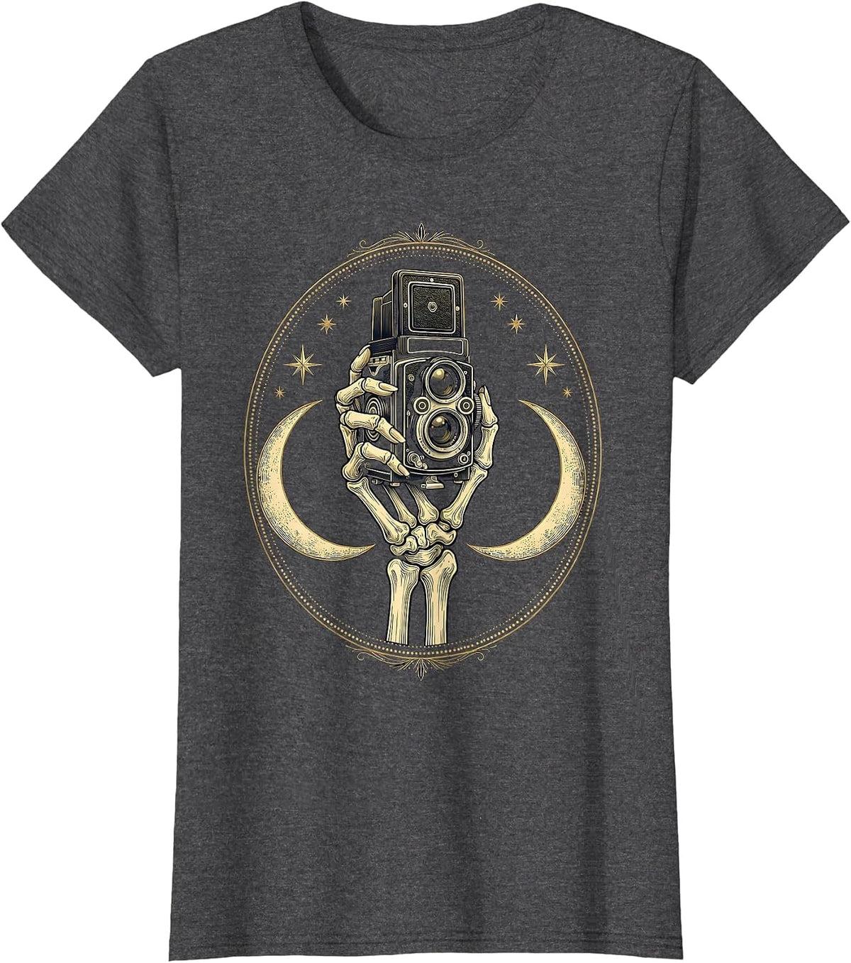 Women's Skeleton Hand Vintage Camera Photography Graphic T-Shirt - Dark Heather Grey