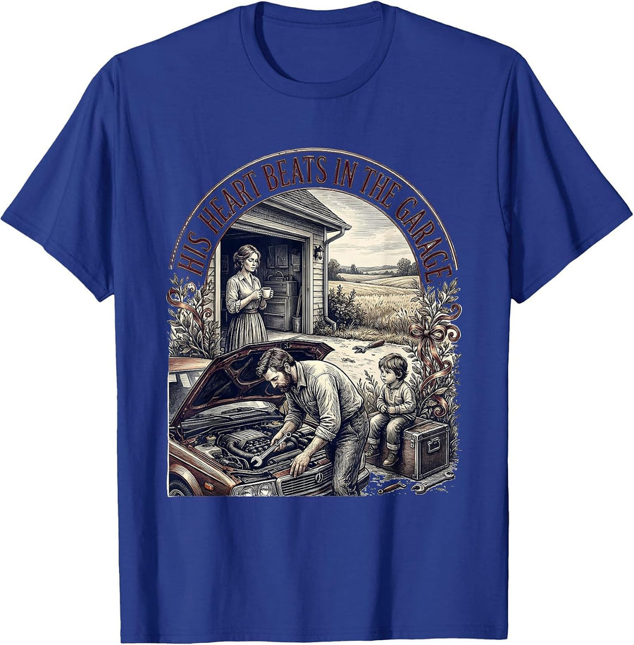 His Heart Beats In The Garage Auto Enthusiast Car Lover T-Shirt - Royal Blue