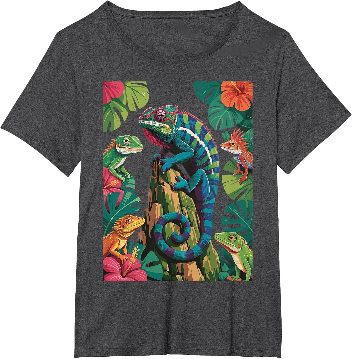 Colorful Geckos Design Cool Chameleon Lizard Lover Reptiles T-Shirt - Dark Heather Grey