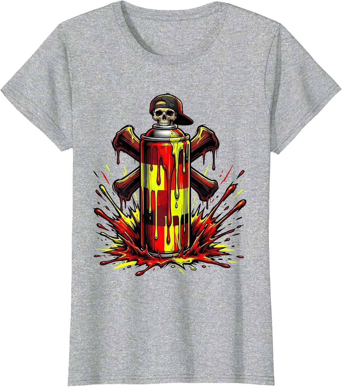 Punk Rock Dripping Spray Paint Can Skull Cap T-Shirt - Heather Grey