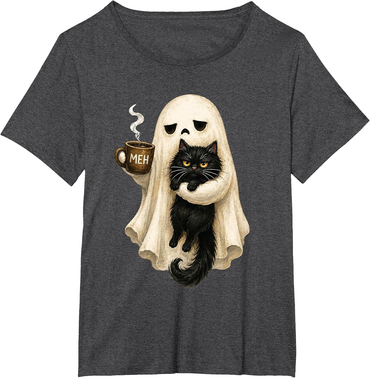 Ghost Cat Spooky Black Cat Funny Halloween Coffee Lover T-Shirt Tee for Women Men - Dark Heather Grey