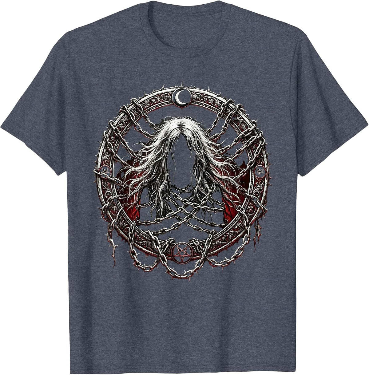 Emo Chained Long Hair Dark Art Graphic T-Shirt - Heather Blue