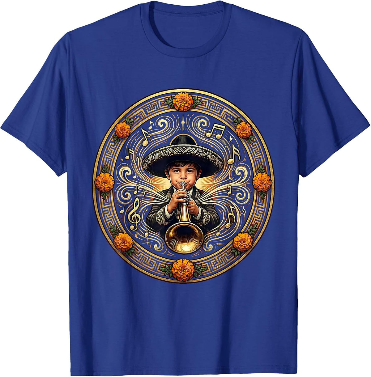 Mexican Boy Trumpet Player Musical Notes Graphic T-Shirt - Royal Blue
