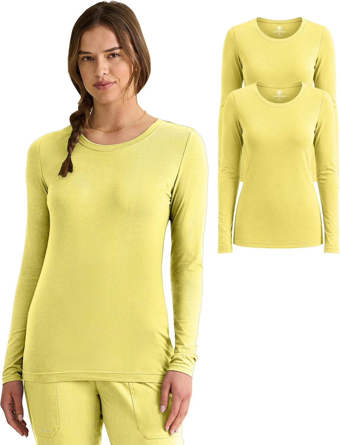 Healing Hands Underscrub Long Sleeve Women Knits Scrub Tops - Canary - 2 Pack 2