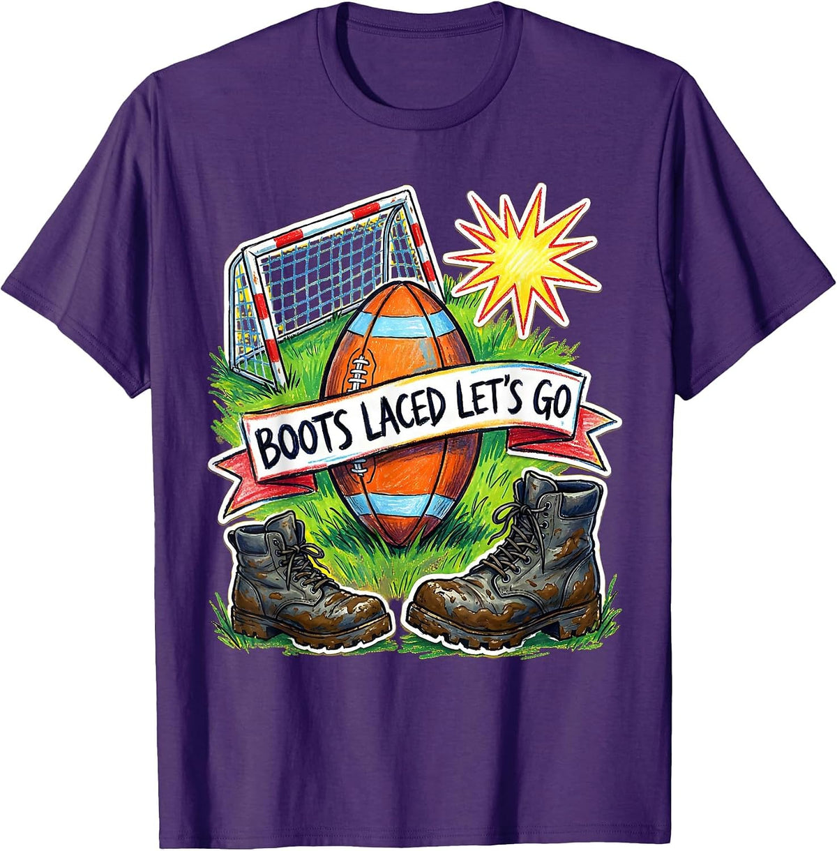 Men's Boots Laced Let's Go Rugby Graphic Design T-Shirt - Purple