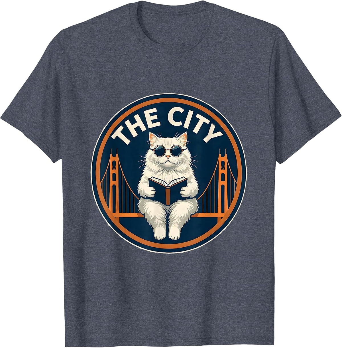 The City Fluffy Cat Golden Gate Bridge Souvenir T-Shirt - Heather Blue