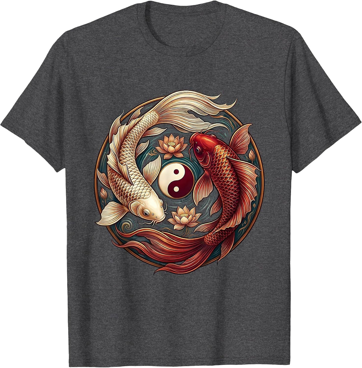 Men's Koi Fish Yin Yang Symbol Spiritual Balance Design T-Shirt - Dark Heather Grey