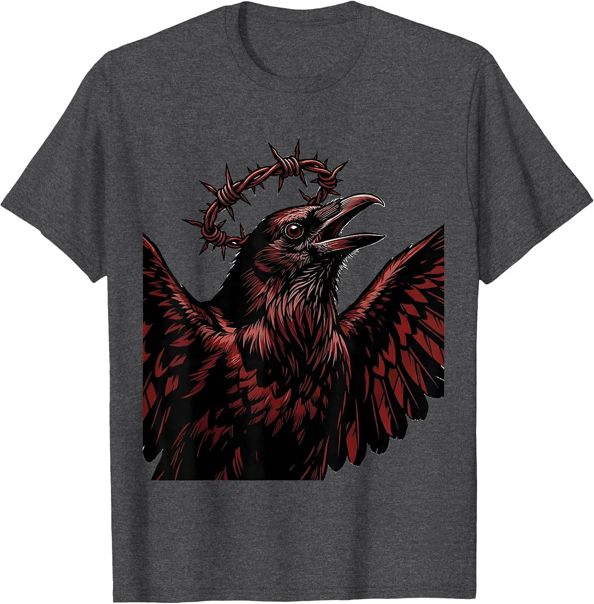Crow With Barbed Wire Crown Dark Art T-Shirt - Dark Heather Grey