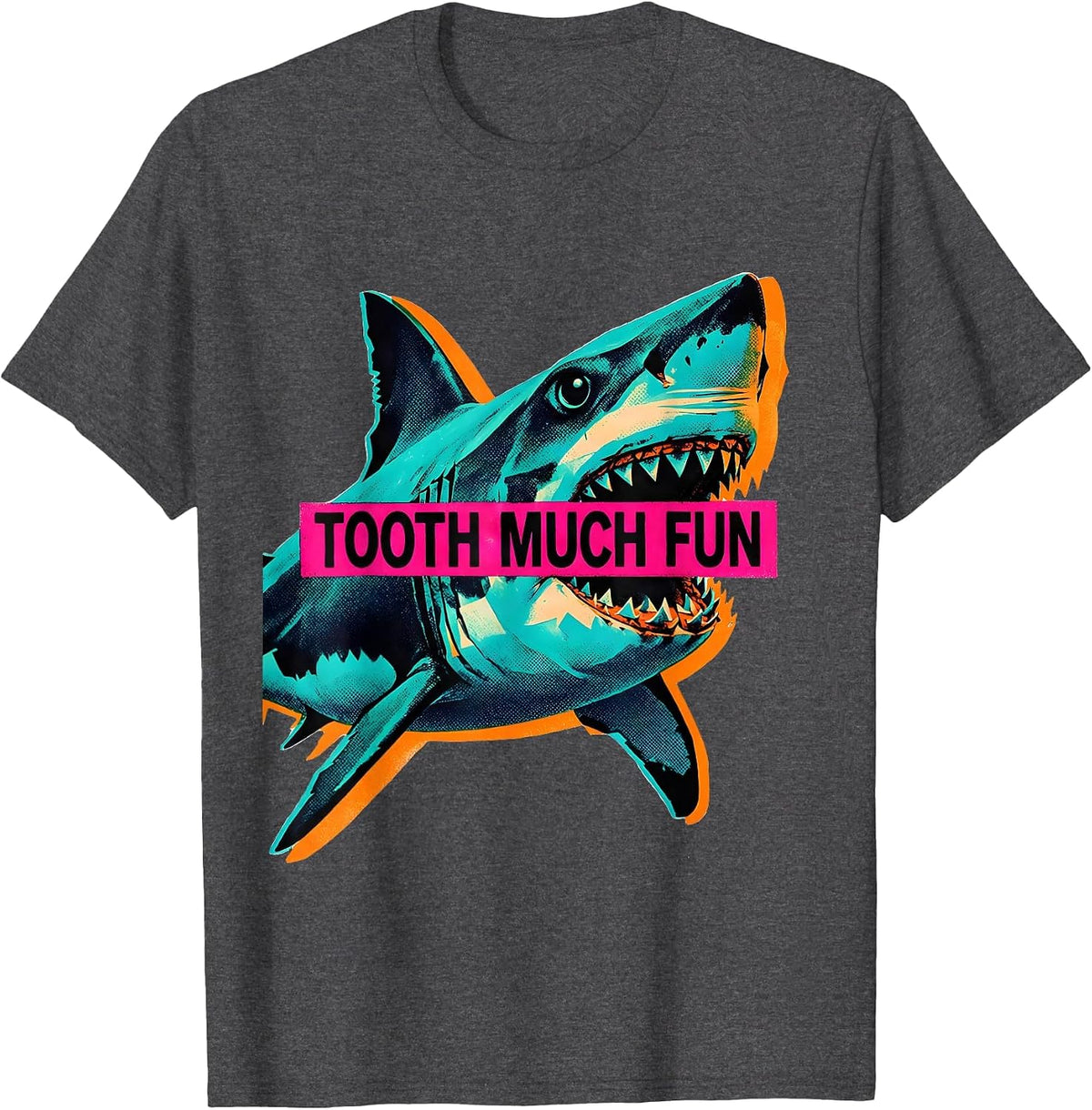 Men's Tooth Much Fun Risograph Shark Lover Ocean Humor Gift T-Shirt - Dark Heather Grey