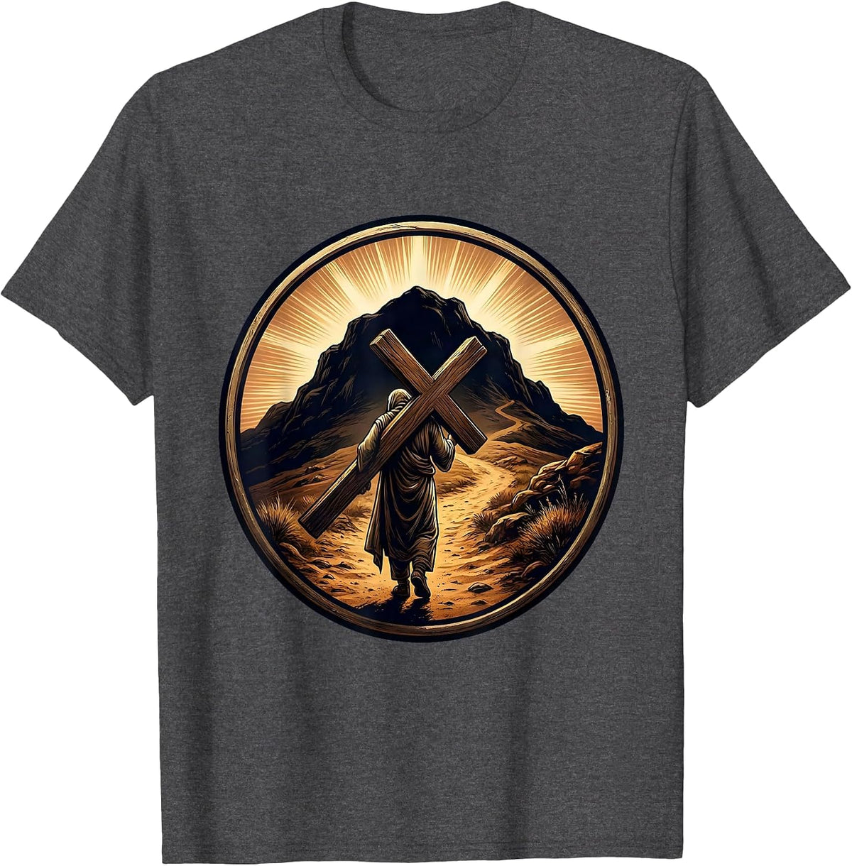 Men's Jesus Carrying Cross to Hilltop Graphic T-Shirt - Dark Heather Grey