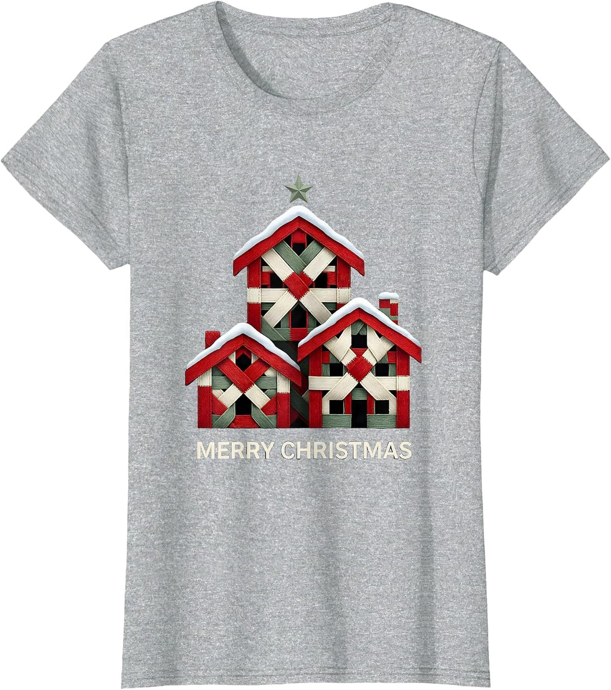 Women's Merry Christmas Geometric Buffalo Plaid Family Matching T-Shirt - Heather Grey