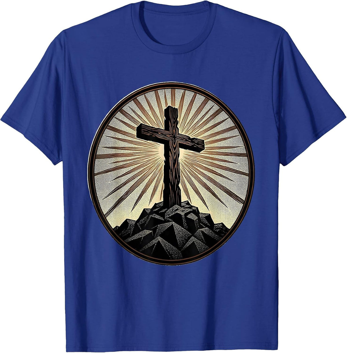 Wooden Cross on Rocky Hilltop Sunset Design T-Shirt - Royal Blue