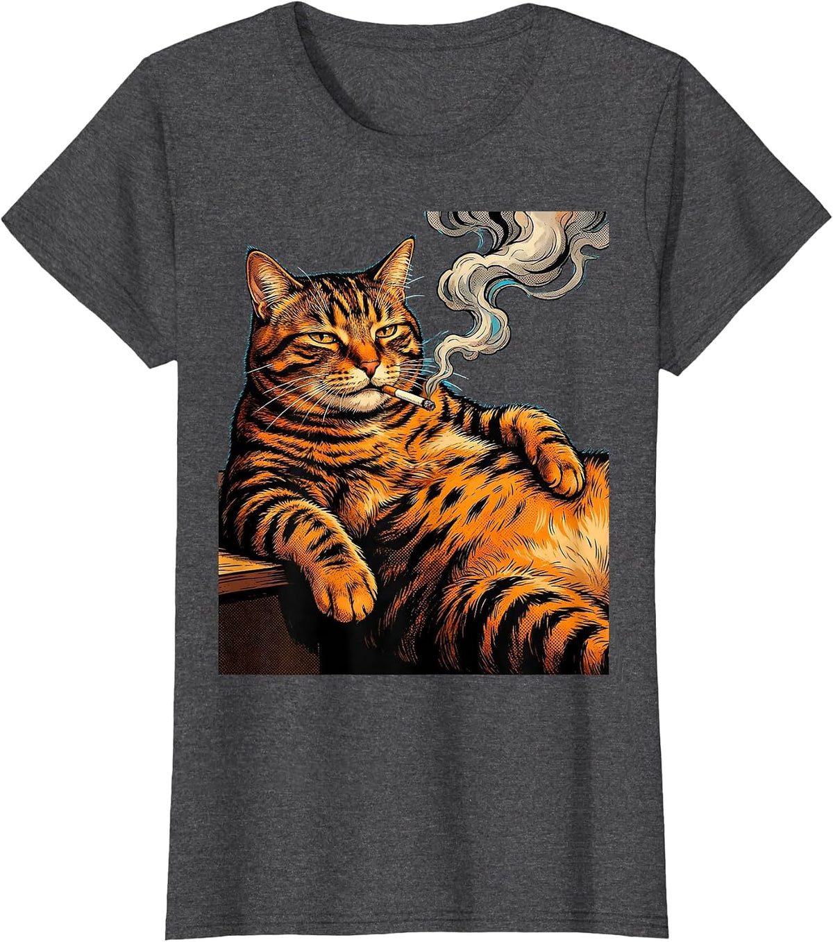 Women's Fat Tabby Cat Lounging With Cigarette Graphic T-Shirt - Dark Heather Grey