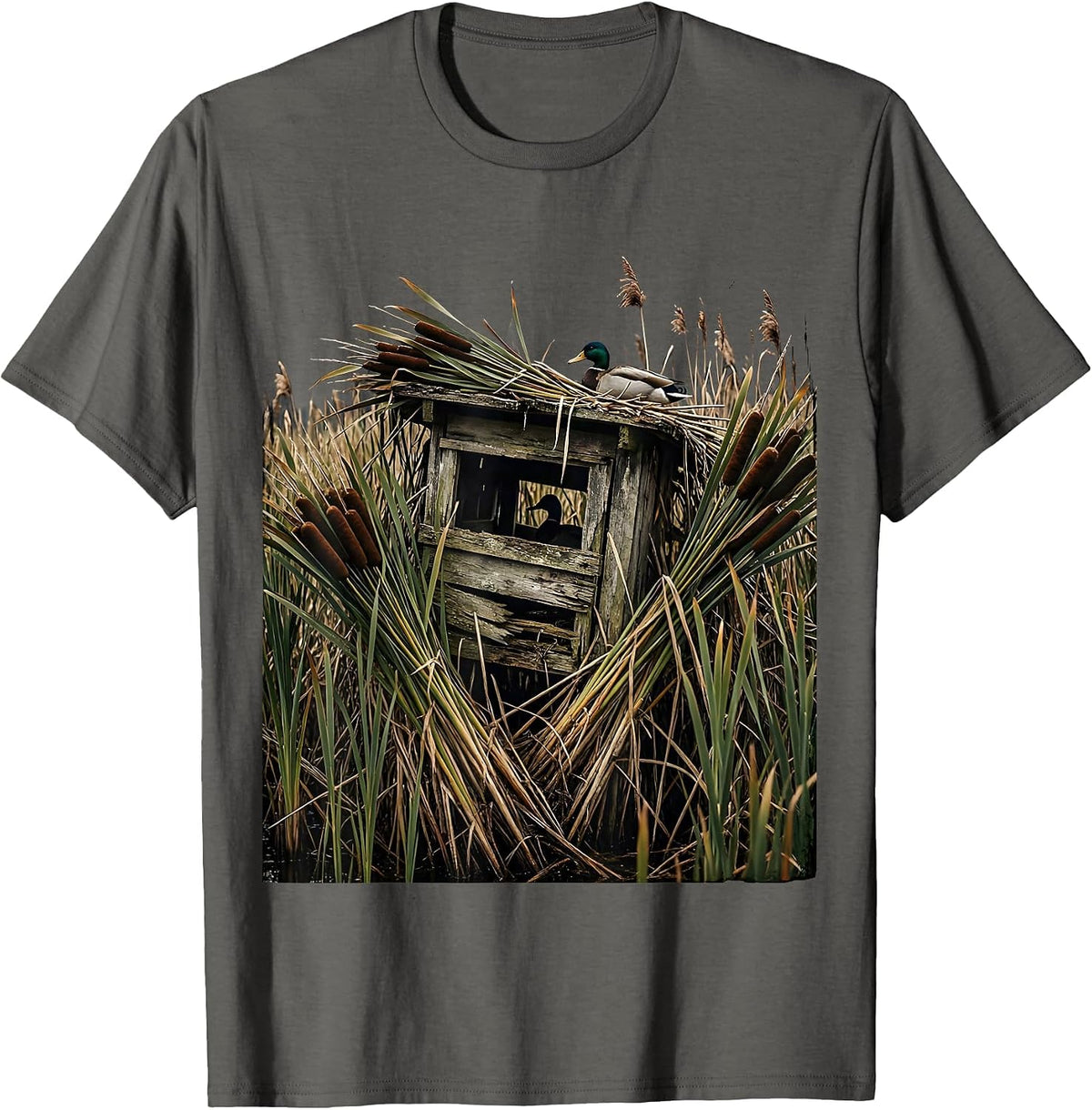 Camo Duck Blind Cattail Reeds Hunting Illustration T-Shirt - Asphalt Grey