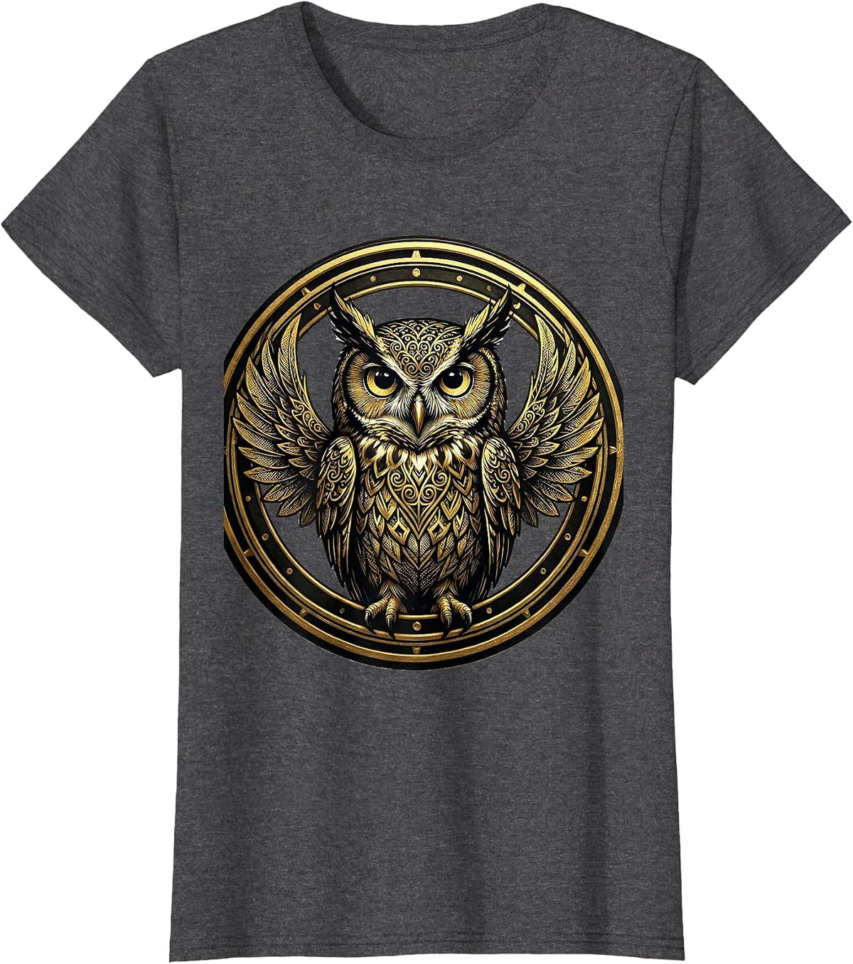 Women's Black Owl Gold Filigree Art Design T-Shirt - Dark Heather Grey