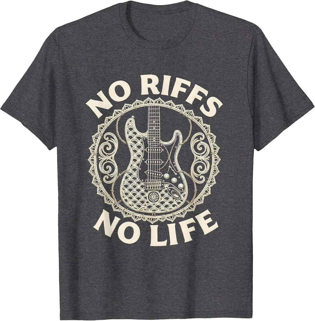 Men's No Riffs No Life Metal Guitar Music Design T-Shirt - Dark Heather Grey