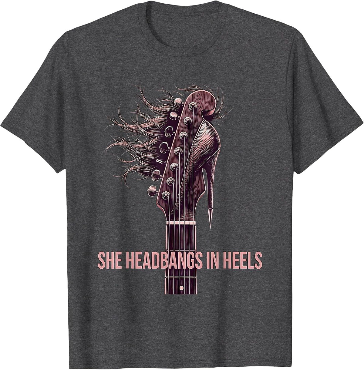 She Headbangs In Heels Rock and Roll Design T-Shirt - Dark Heather Grey