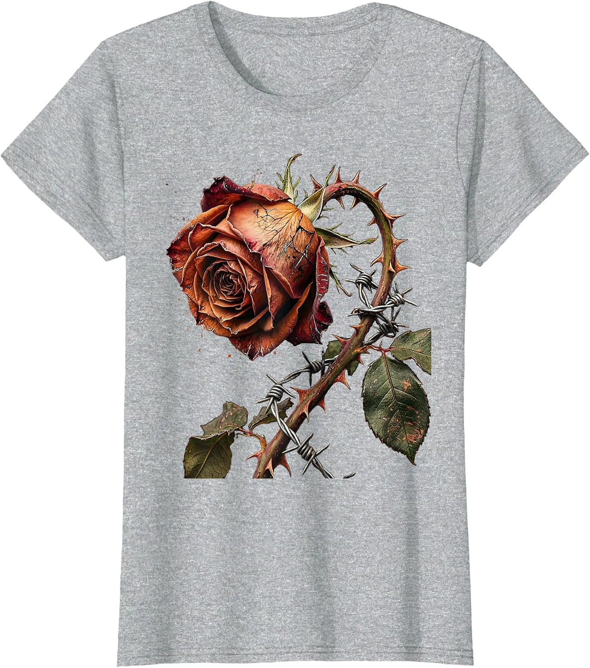 Barbed Wire Rose Punk Gothic Graphic Design T-Shirt - Heather Grey