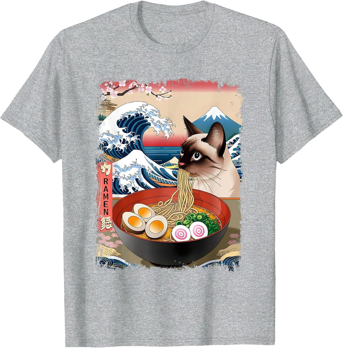 Siamese Cat Eating Ramen Noodles Ocean Waves Japanese Art T-Shirt - Heather Grey