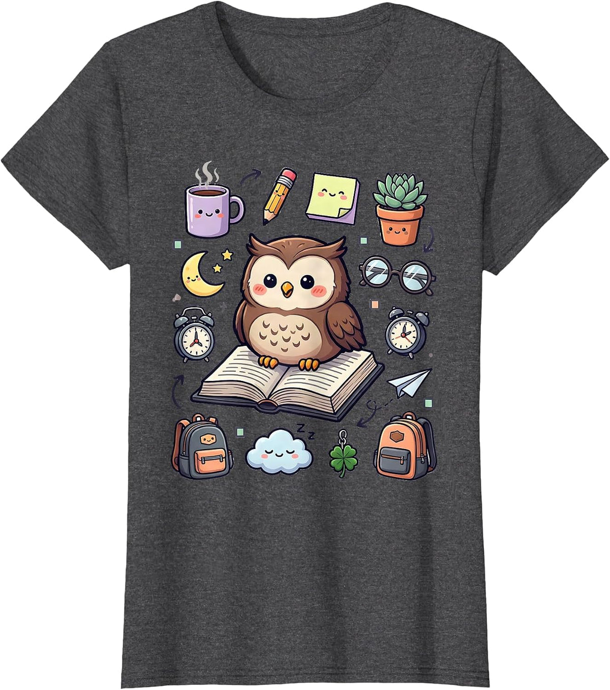 Women's Wise Owl on Open Textbook College Design T-Shirt - Dark Heather Grey